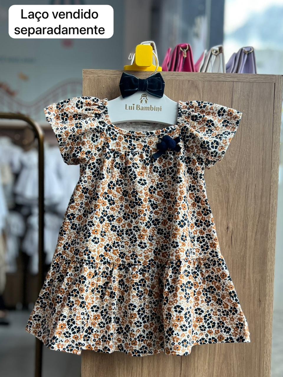 VESTIDO MANGA CURTA FLORES JARDIM POMPOM LAÇO MENINA MILON - AMARELO/MARINHO