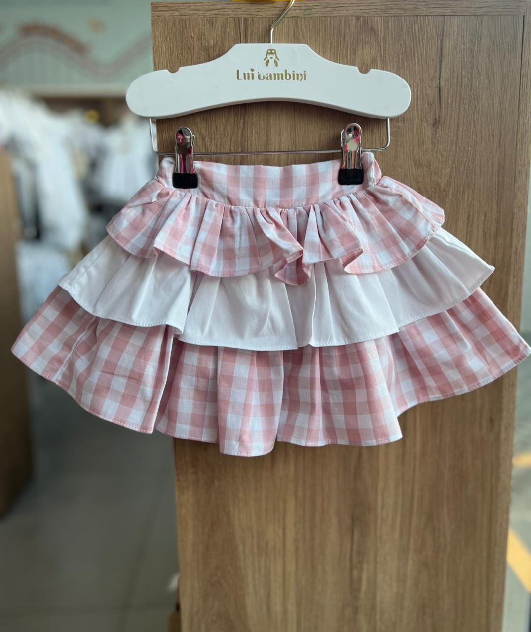 SAIA BABADO CAMADAS XADREZ FESTA JUNINA MENINA LUI BAMBINI - ROSA/BRANCO