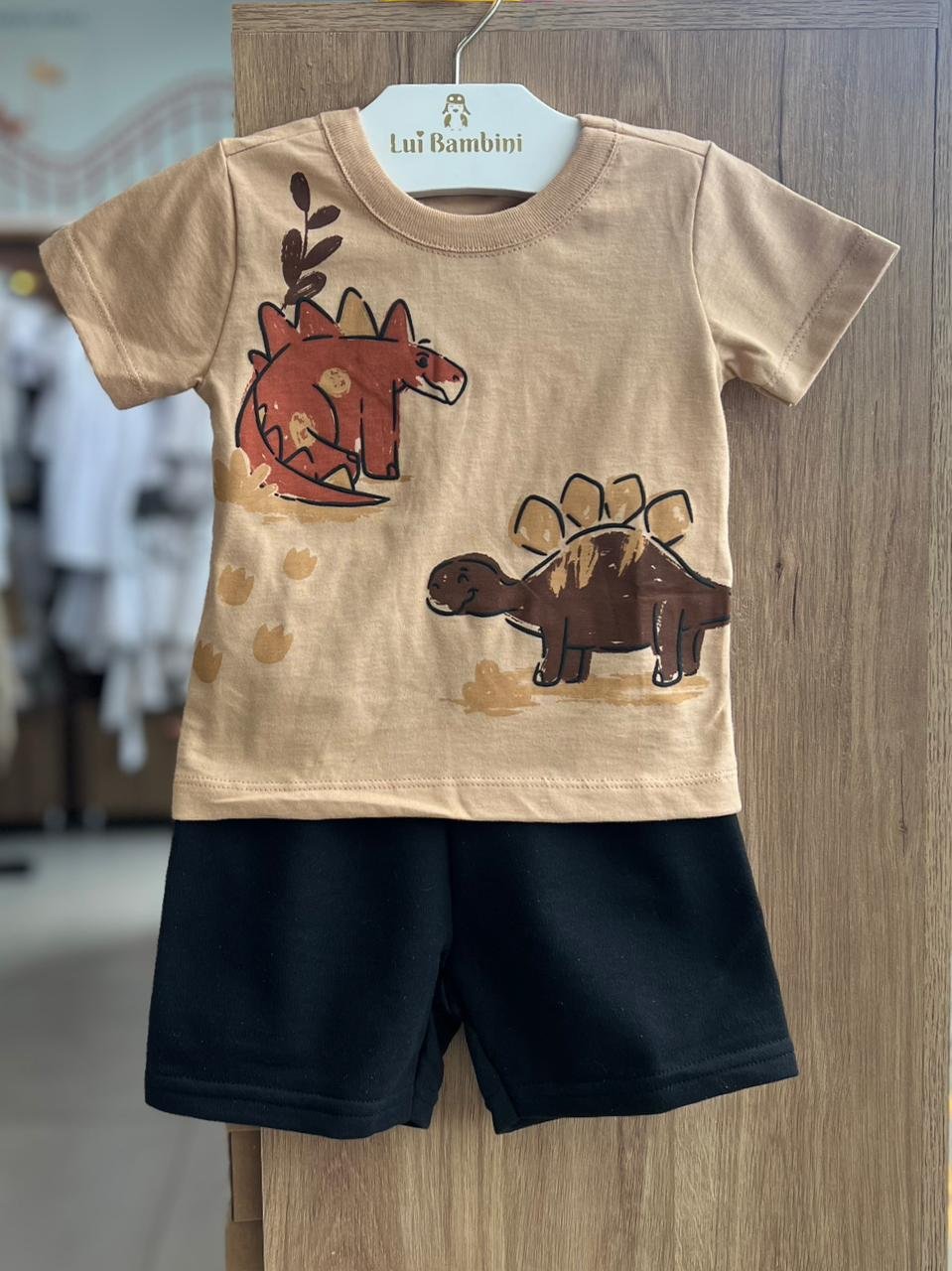 CONJUNTO CAMISETA MANGA CURTA DINO DINOSSAURO E BERMUDA MENINO BEE LOOP - MARROM/PRETO