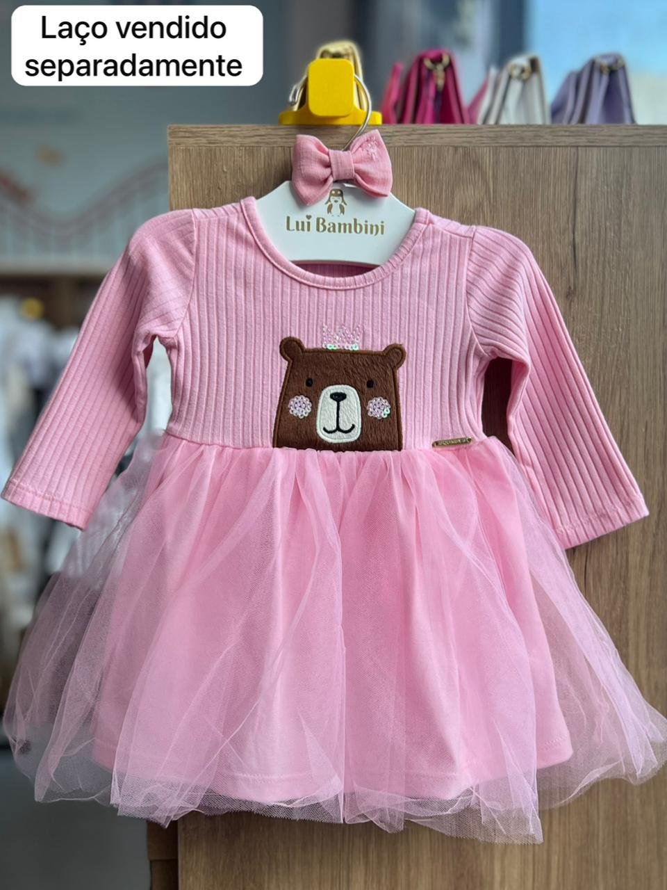VESTIDO MANGA LONGA RIBANA CANELADO TULE URSO MENINA BEE LOOP - ROSA