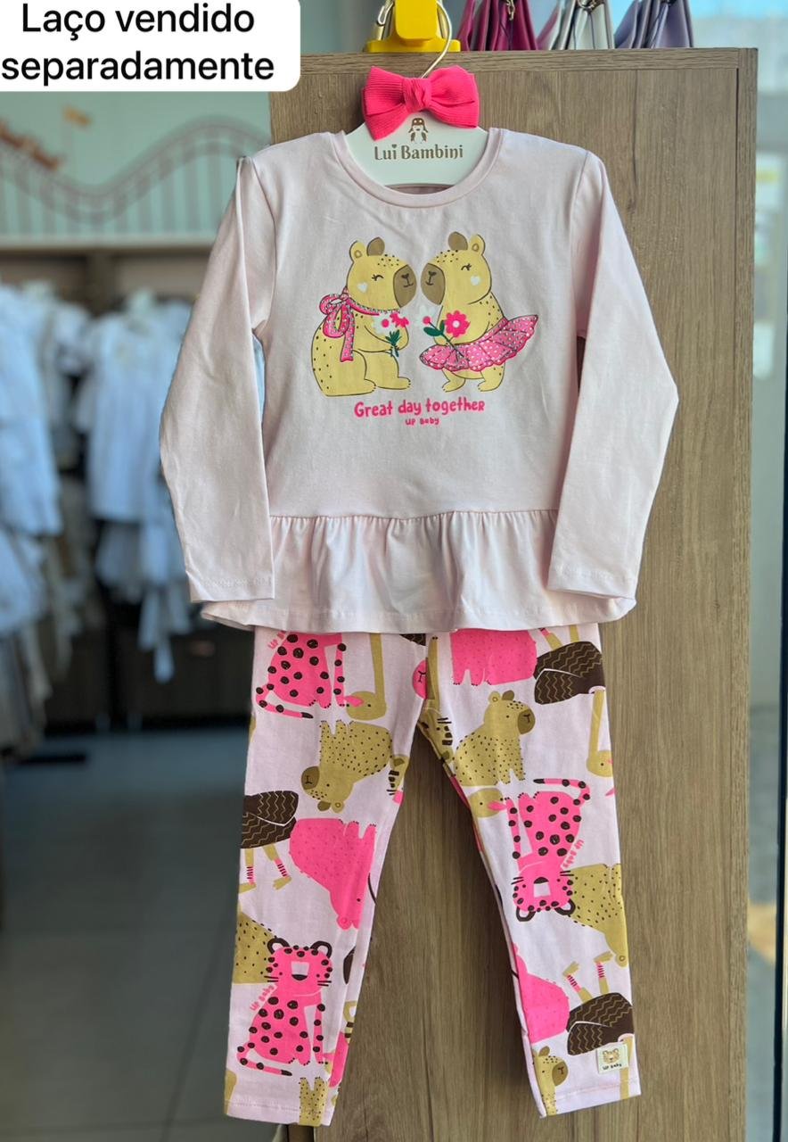 CONJUNTO BLUSA MANGA LONGA CAPIVARA BABADO FLORES E CALÇA LEGGING BICHINHOS MENINA UP BABY - ROSA