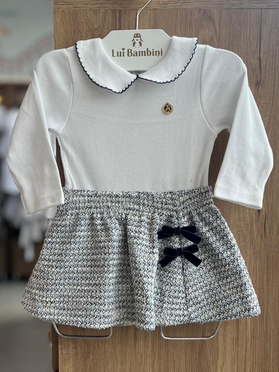 CONJUNTO BODY MANGA LONGA SUEDINE LISA E SAIA TWEED MENINA UP BABY - BRANCO/PRETO