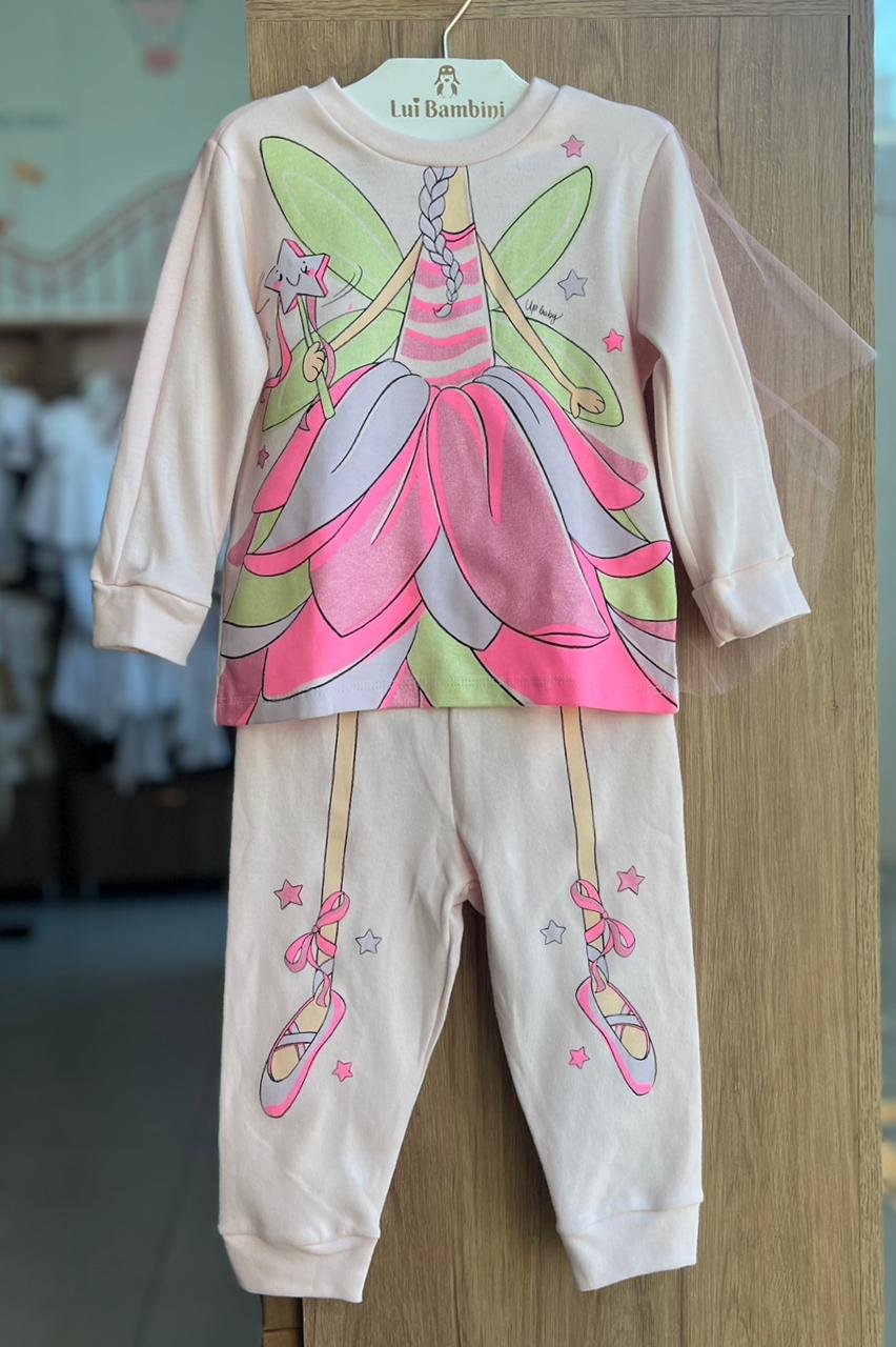 CONJUNTO PIIJAMA BLUSA MANGA LONGA FADA SUEDINE E CALÇA TULE MENINA UP BABY - ROSA