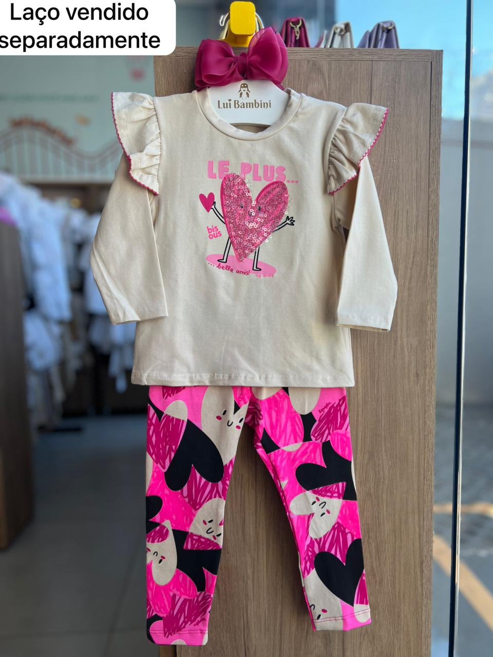 CONJUNTO BLUSA MANGA LONGA BABADO CORAÇÃO PAETE E CALÇA MENINA UP BABY - BEGE/ROSA