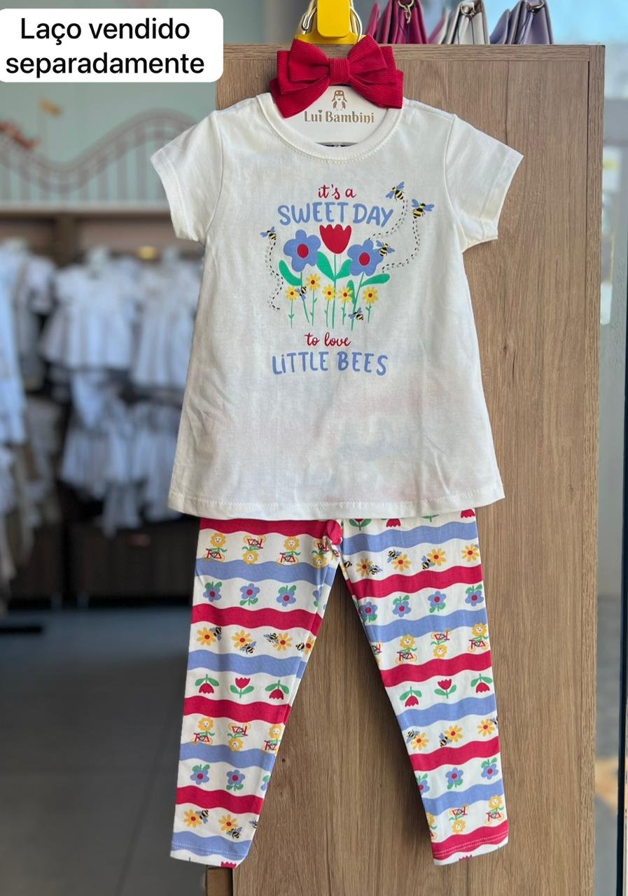 CONJUNTO BLUSA MANGA CURTA FLORES SWEET DAY ABELHAS JARDIM E CALÇA LEGGING MENINA BEE LOOP - OFF