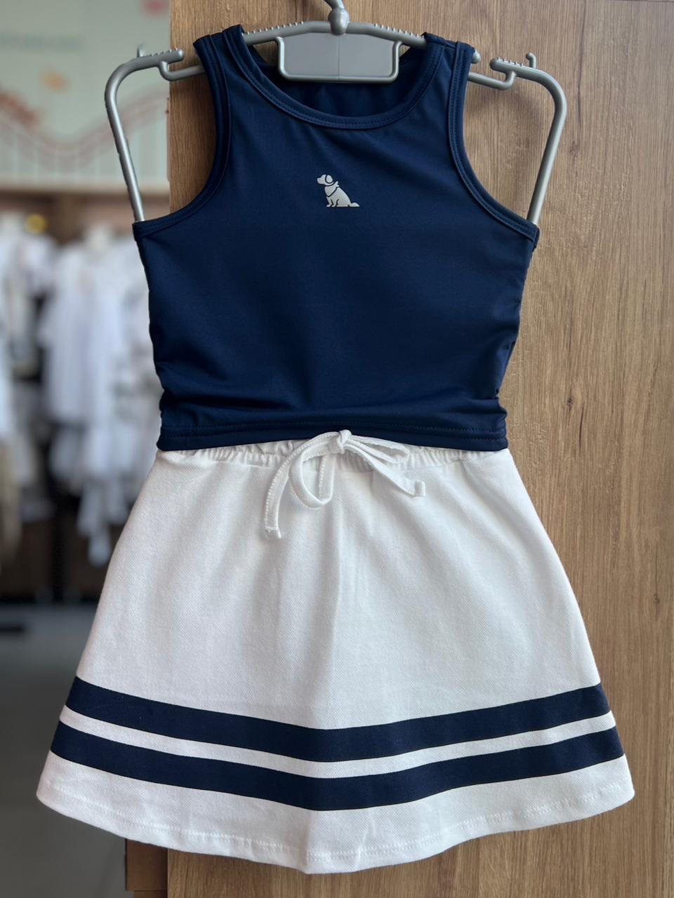 CONJUNTO BLUSA REGATA DRY FIT PROTEÇÃO UV50+ MINIMALISTA CACHORRO E SAIA MENINA QUIMBY - AZUL ESCURO