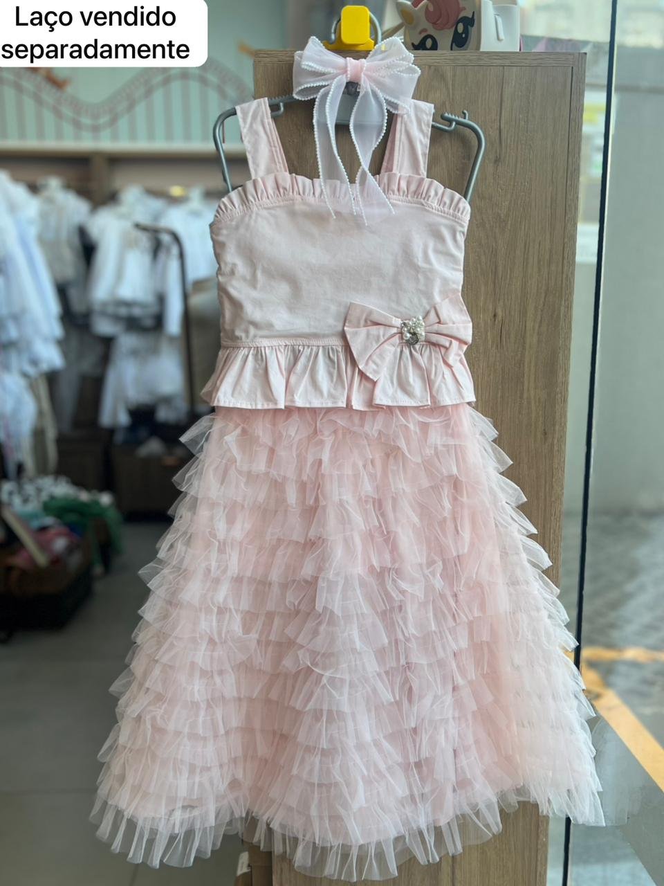 CONJUNTO BLUSA ALÇA LAÇO PÉROLAS PEDRAS E SAIA TULE MIDI BABADOS TRABALHADA MENINA PITUCHINHUS - ROSA