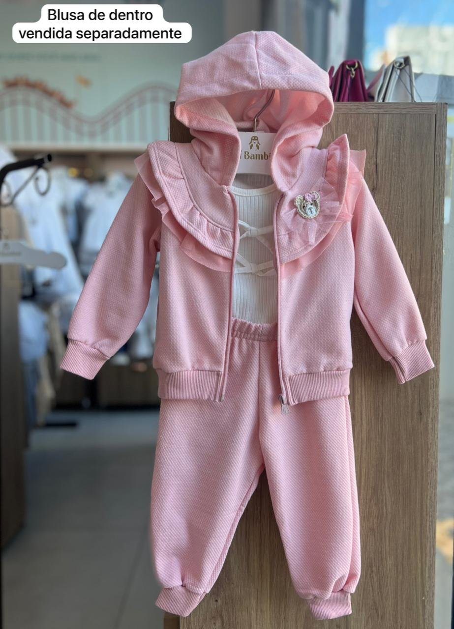 CONJUNTO MOLETOM BLUSÃO MANGA LONGA URSO LAÇO BABADO E CALÇA MENINA ANGERÔ - ROSE