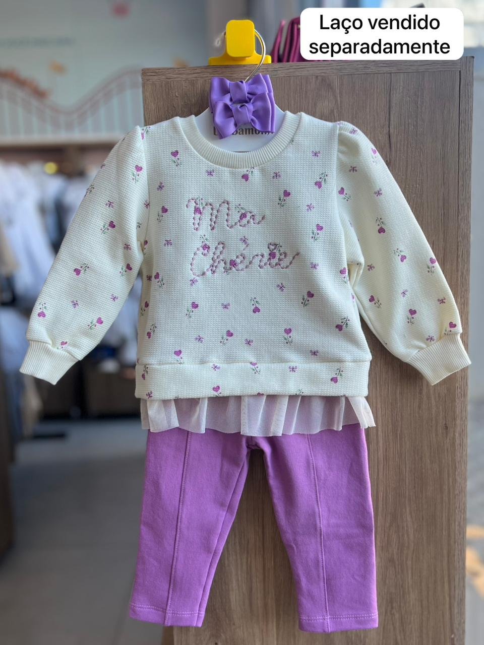 CONJUNTO MOLTOM BLUSÃO MANGA LONGA FLORESS BABADO MA CHERIE E CALÇA MENINA ANGERÔ - OFF/LILÁS