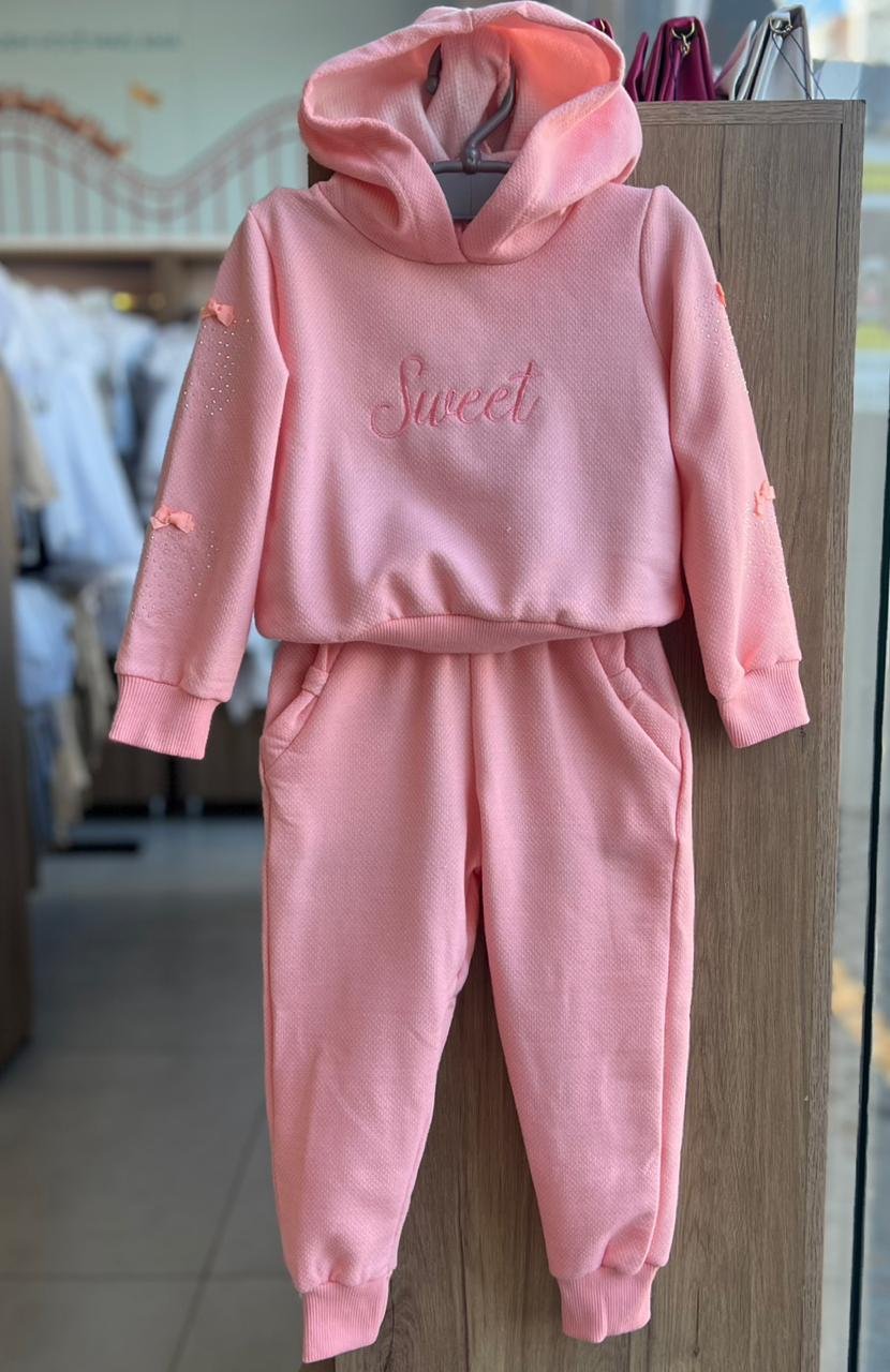 CONJUNTO MOLETOM BLUSÃO MANGA LONGA SWEET CAPUZ E CALÇA MENINA ANGERÔ - ROSA