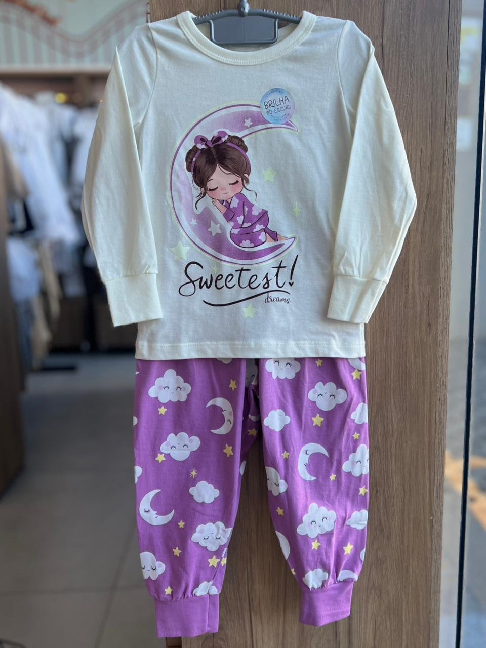 CONJUNTO PIJAMA BLUSA MANGA LONGA LUA GAROTA SONO E CALÇA MENINA ANGERÔ - OFF/LILÁS