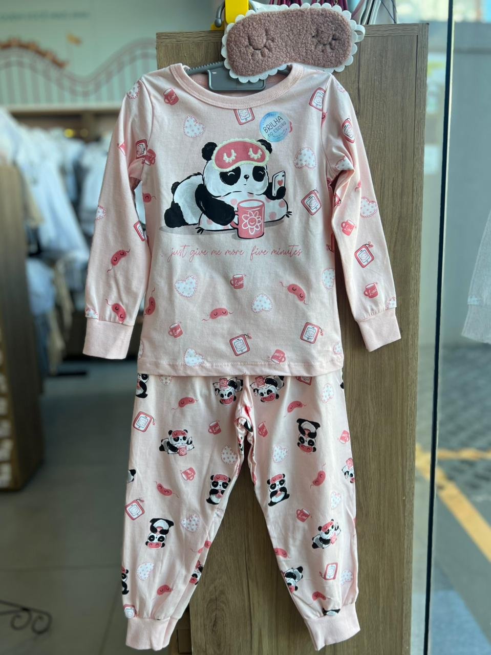 CONJUNTO PIJAMA BLUSA MANGA LONGA PANDA SONO BRILHA NO ESCURO E CALÇA MENINA ANGERÔ - ROSA CLARO