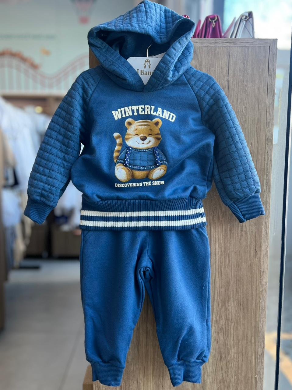 CONJUNTO MOLETOM BLUSÃO MANGA LONGA WINTERLAND TIGRE CAPUZ E CALÇA MENINO ANGERÔ - AZUL