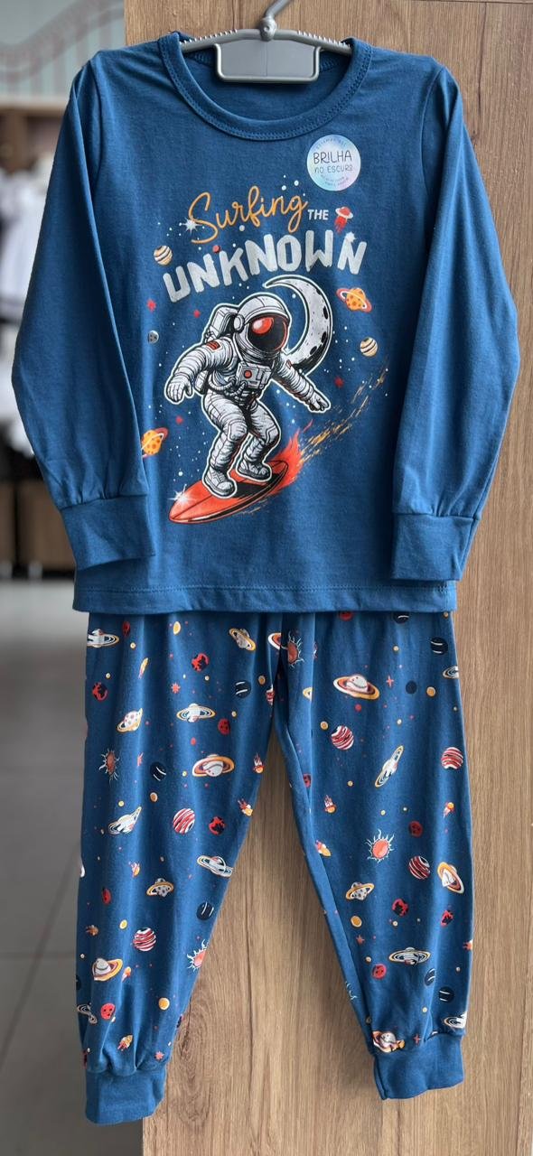 CONJUNTO PIJAMA CAMISETA MANGA LONGA ASTRONAUTA SURFISTA LUA E CALÇA MENINO ANGERÔ - AZUL