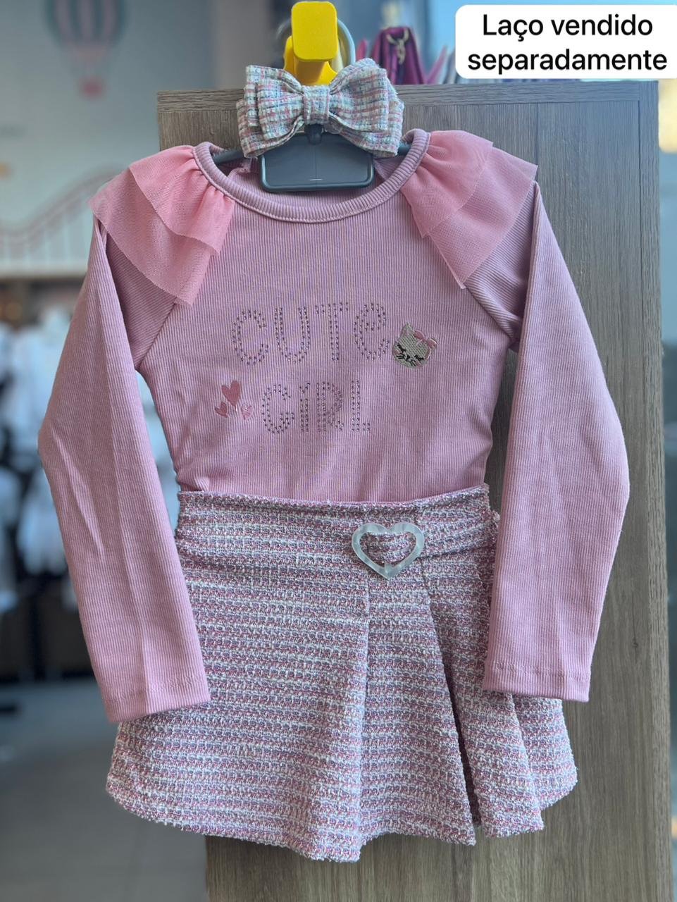 CONJUNTO BLUSA MANGA LONGA BORDADO STRASS CUTE GIRL E SAIA MENINA ANGERÔ - ROSA