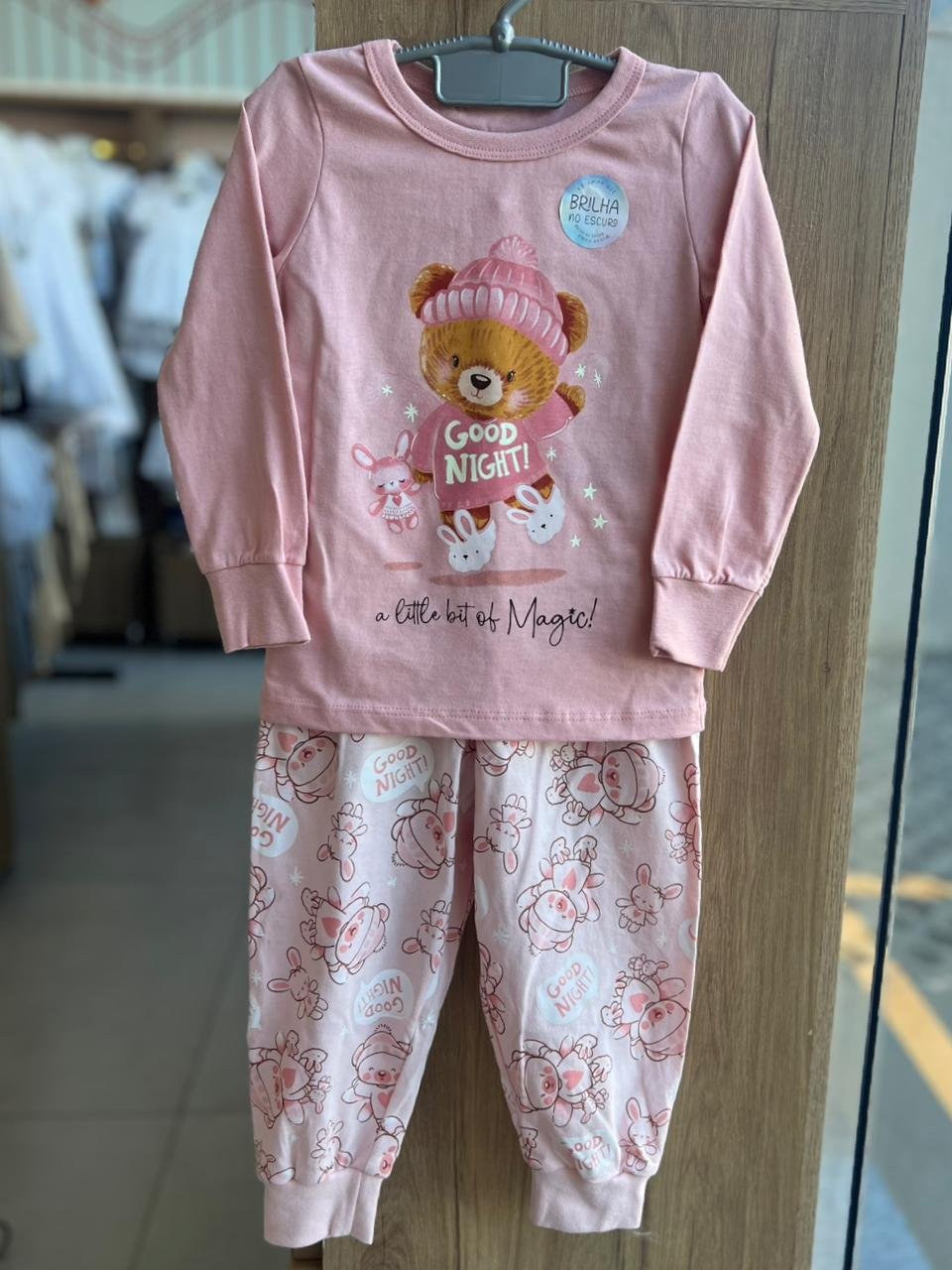 CONJUNTO PIJAMA BLUSA MANGA LONGA URSO E CALÇA MENINA ANGERÔ - ROSA