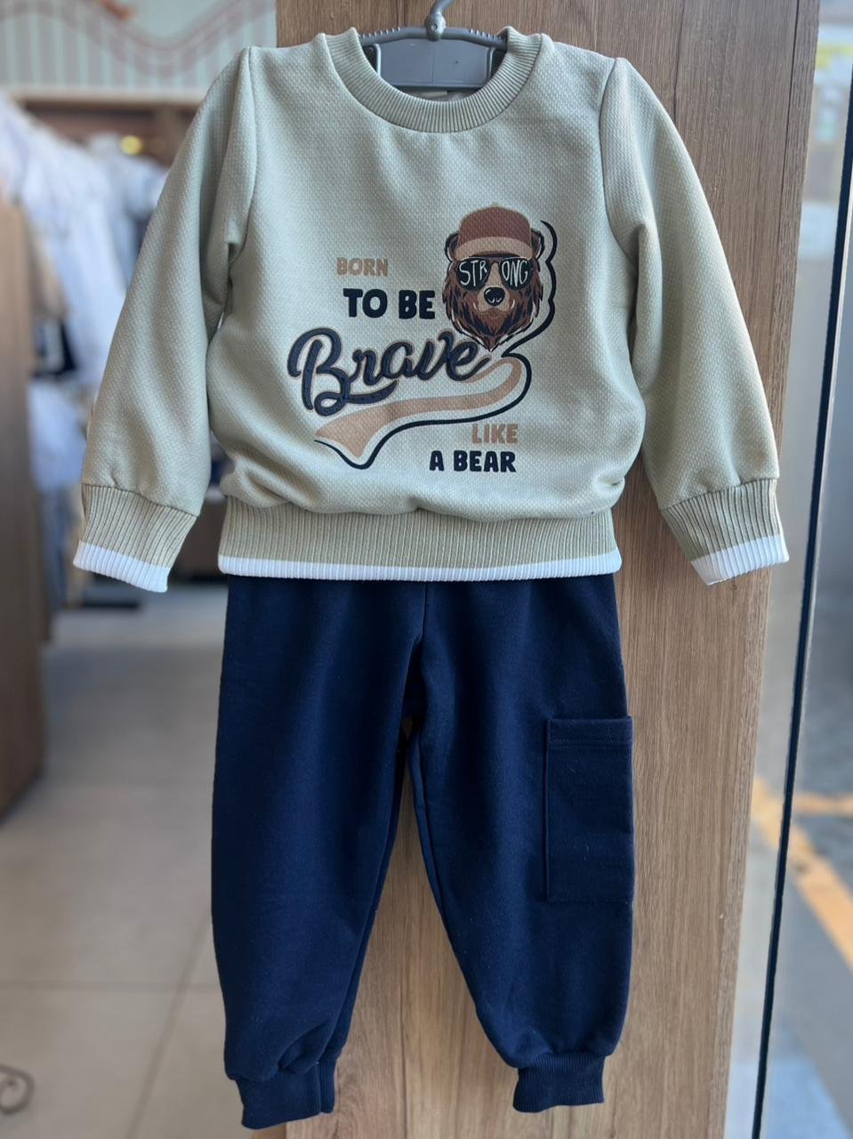 CONJUNTO MOLETOM BLUSÃO MANGA LONGA URSO TO BE BRAVE E CALÇA MENINO ANGERÔ - CINZA/MARINHO