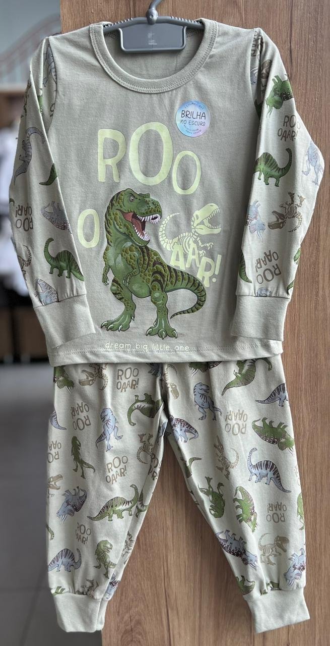CONJUNTO PIJAMA CAMISETA MANGA LONGA DINO DINOSSAURO E CALÇA MENINO ANGERÔ - CINZA