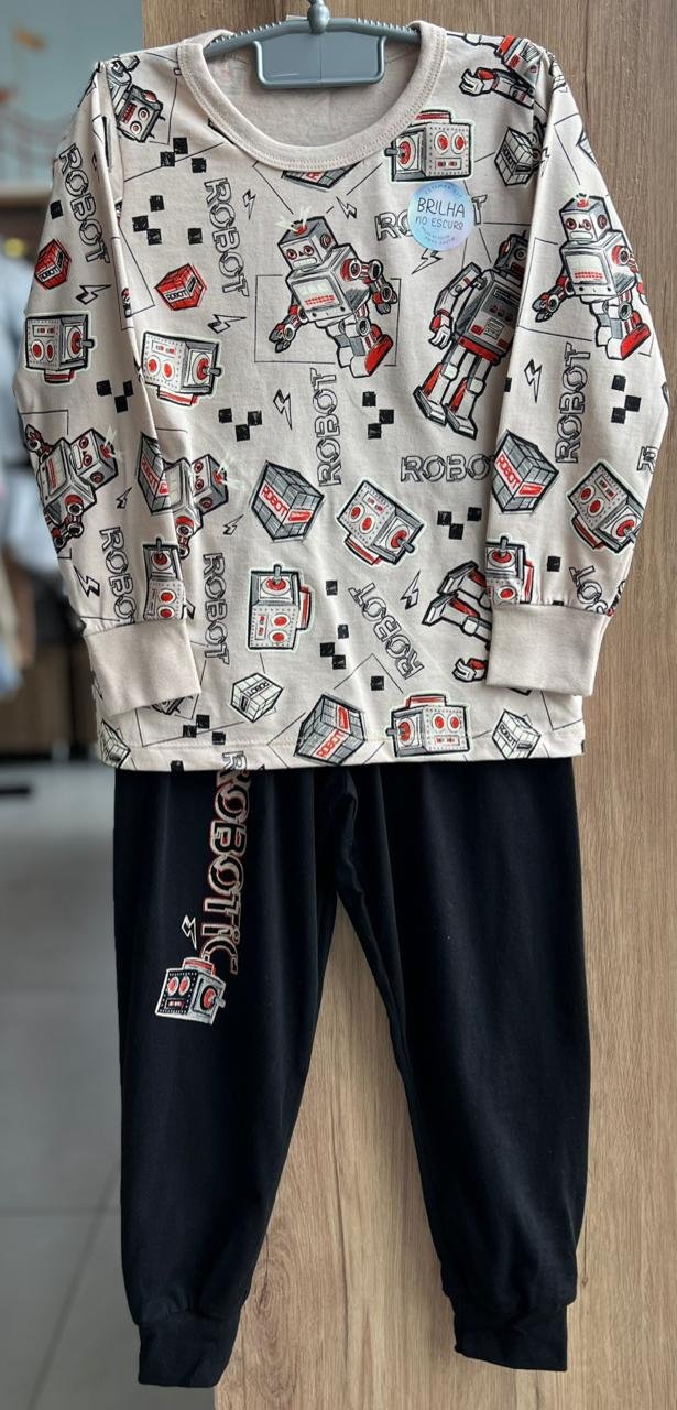 CONJUNTO PIJAMA CAMISETA MANGA LONGA ROBO E CALÇA MENINO ANGERÔ - BEGE/PRETO