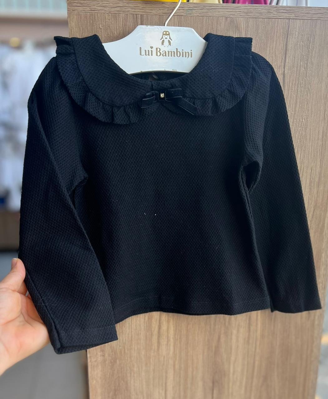 BLUSA MANGA LONGA GOLA LAÇO LISA MENINA ANGERÔ - PRETO