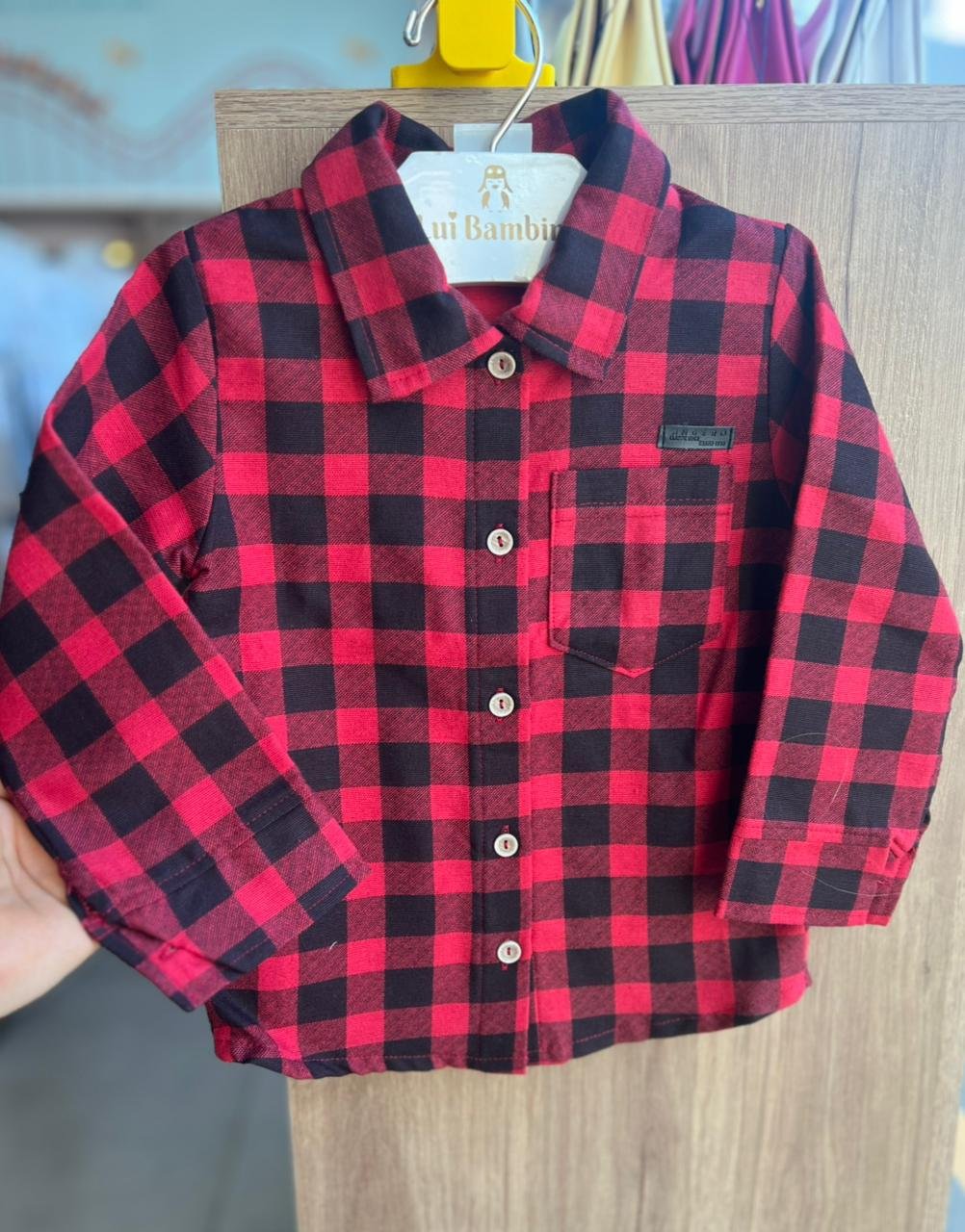 CAMISA MANGA LONGA XADREZ BOTÕES BOLSO FESTA JUNINA MENINO ANGERÔ - VERMELHO