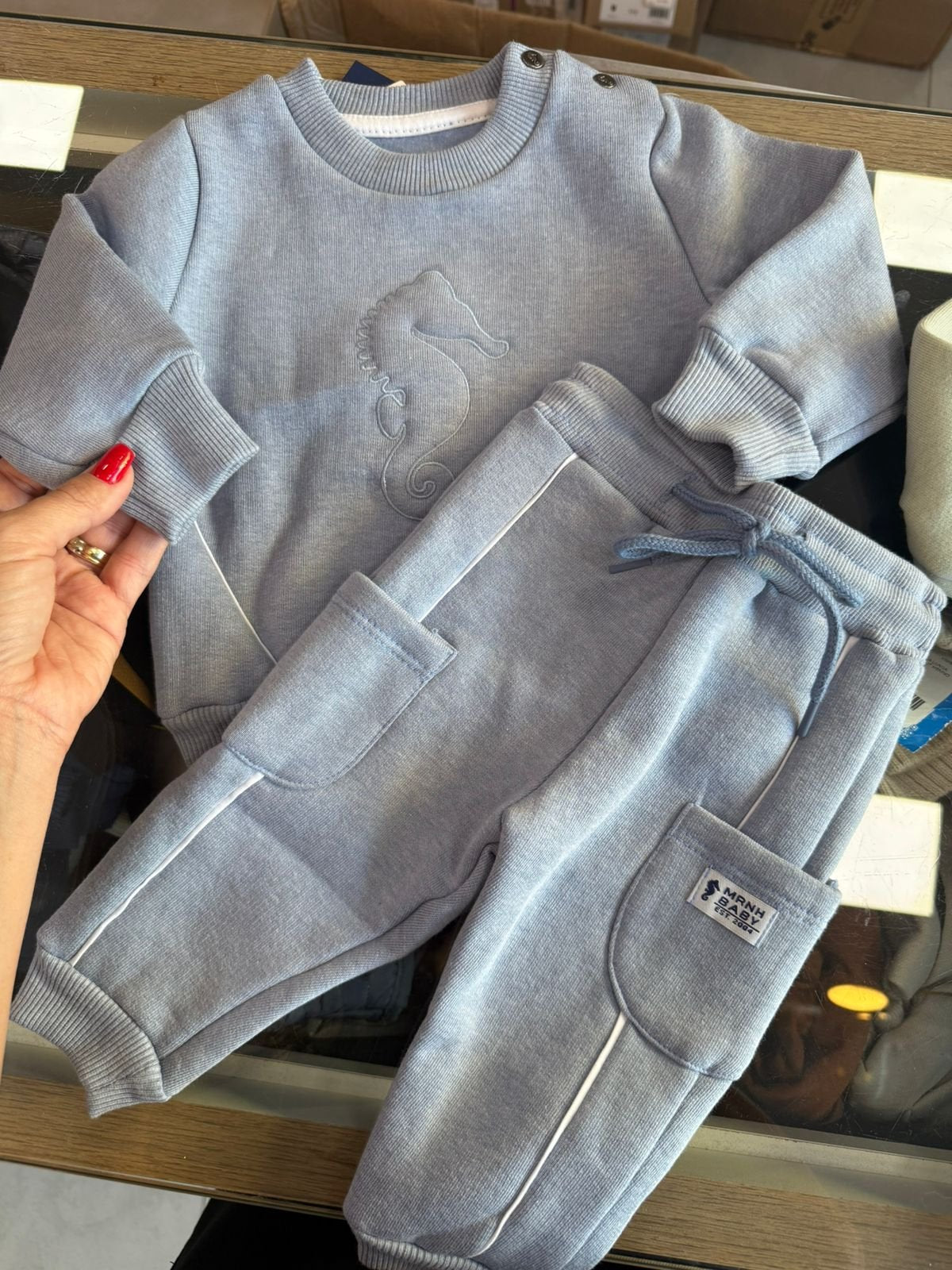 CONJUNTO BLUSÃO MANGA LONGA RELEVO CAVALO MARINHO E CALÇA MOLETOM FELPADO MENINO ONDA MARINHA - AZUL CLARO