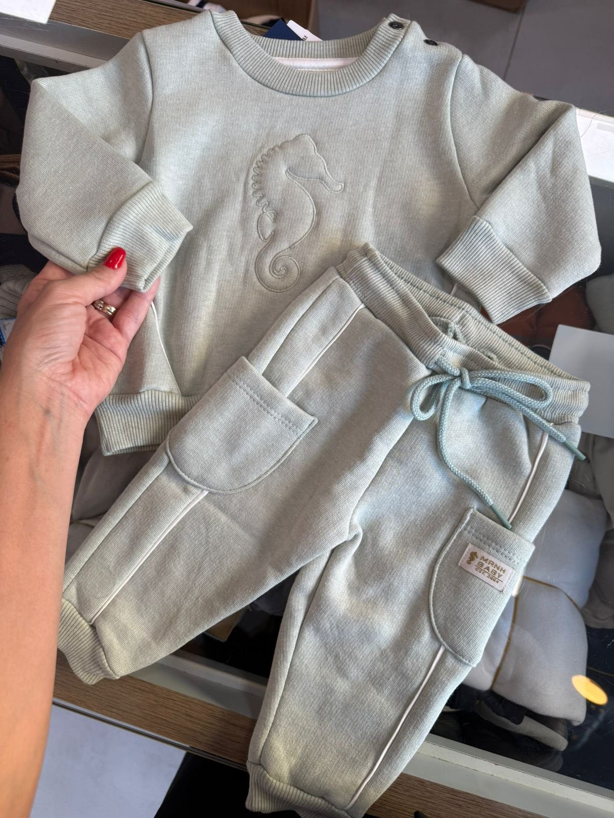 CONJUNTO BLUSÃO MANGA LONGA RELEVO CAVALO MARINHO E CALÇA MOLETOM FELPADO MENINO ONDA MARINHA - VERDE CLARO