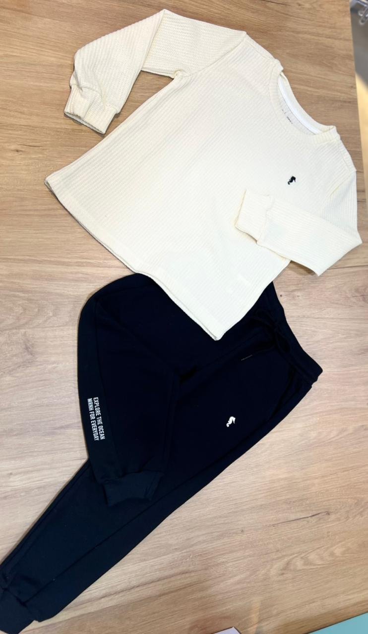 CONJUNTO CAMISETA MANGA LONGA MALHÃO FAVO BORDADO MINIMALISTA CAVALO MARINHO CANELADO E CALÇA MENINO ONDA MARINHA - CREME/PRETO