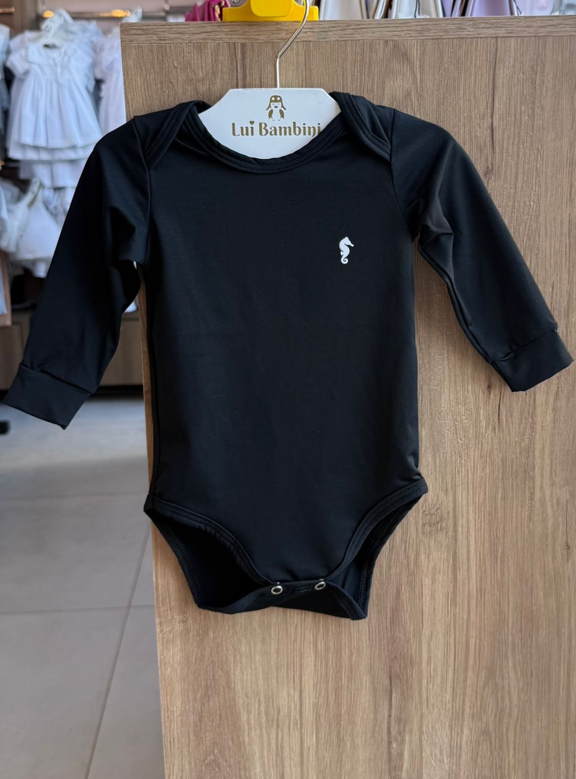 BODY MANGA LONGA TÉRMICA BOTÕES MINIMAMLISTA CAVALO MARINHO MENINO ONDA MARINHA - PRETO