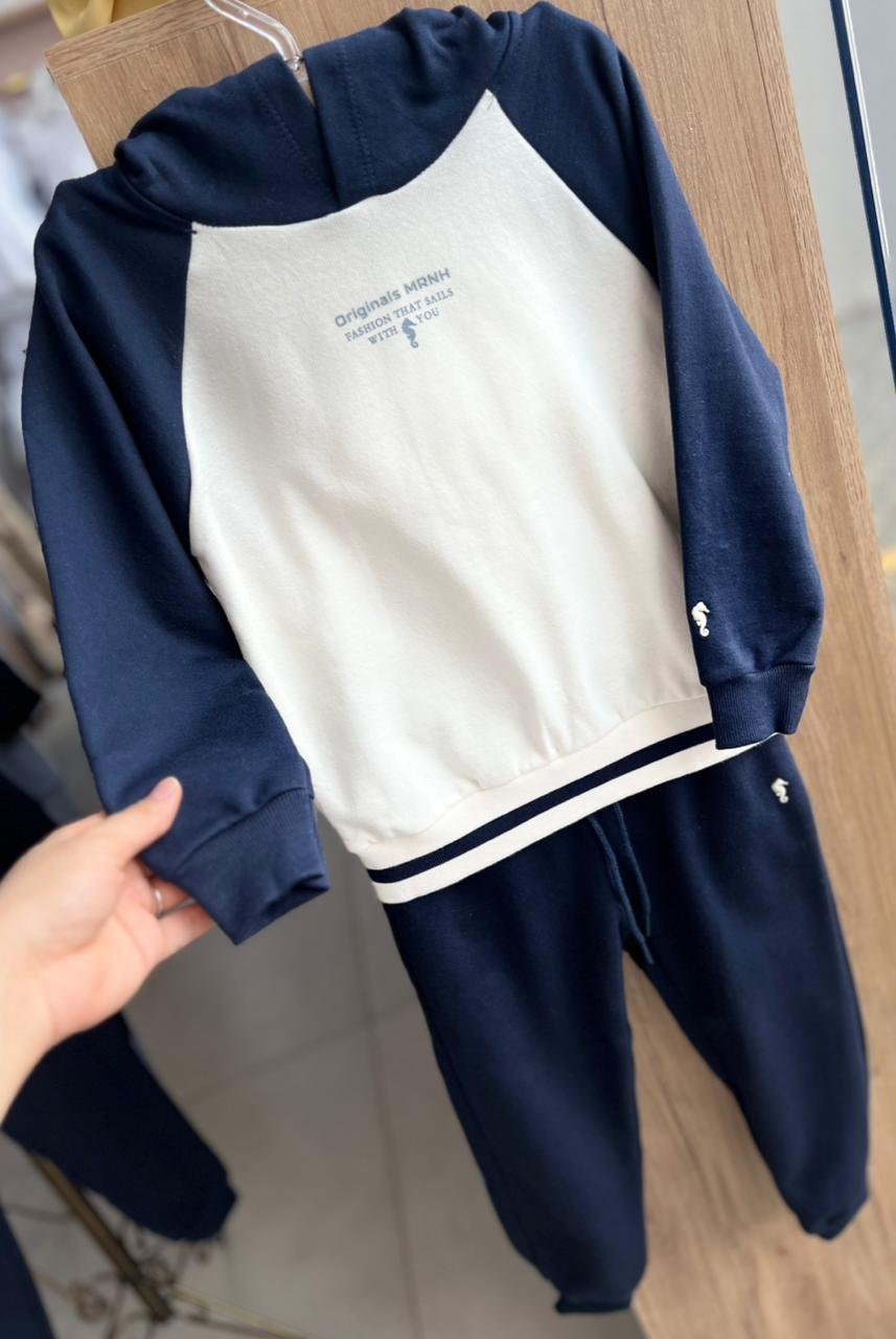 CONJUNTO MOLETOM BLUSÃO MANGA LONGA CAPUZ ORIGINAL MRNH E CALÇA MENINO ONDA MARINHA - CREME/MARINHO