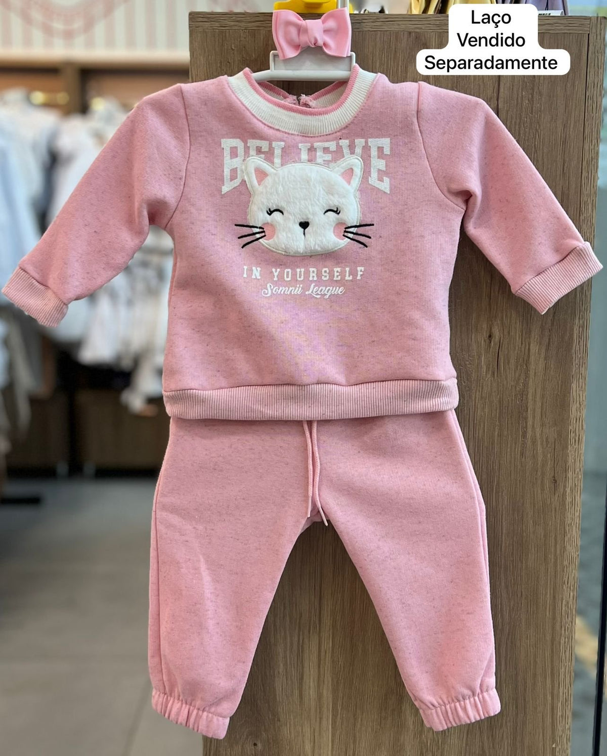 CONJUNTO BLUSÃO MANGA LONGA MOLETOM FELPADO GATO E CALÇA MENINA SOMNII - ROSA