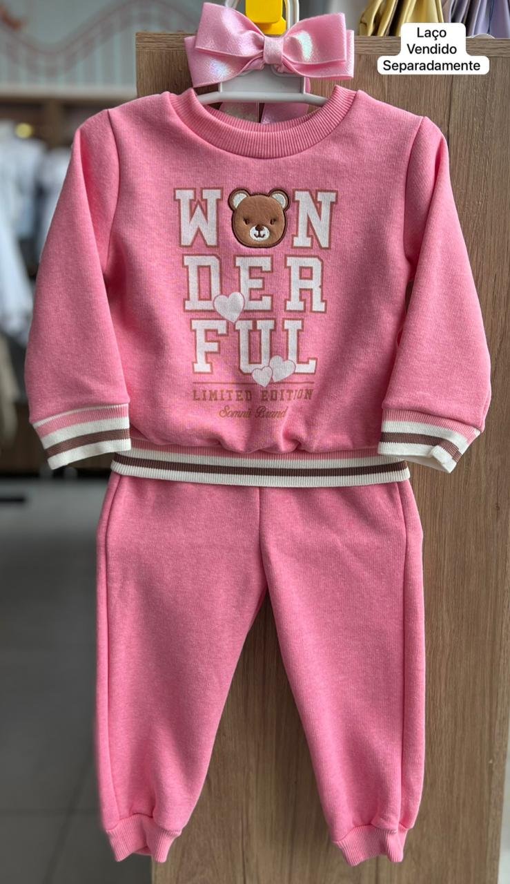 CONJUNTO MOLETOM BLUSÃO MANGA LONGA WONDERFULL URSO E CALÇA MENINA SOMNII - ROSA