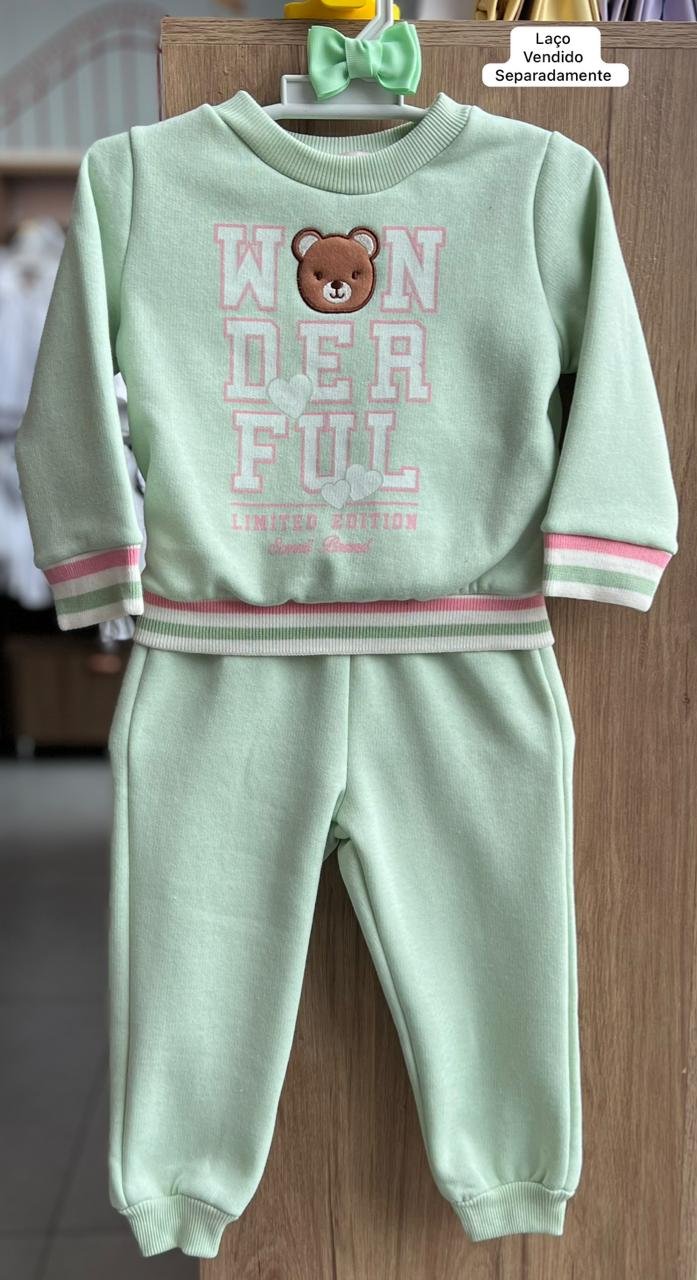 CONJUNTO MOLETOM BLUSÃO MANGA LONGA WONDERFULL URSO E CALÇA MENINA SOMNII - VERDE CLARO