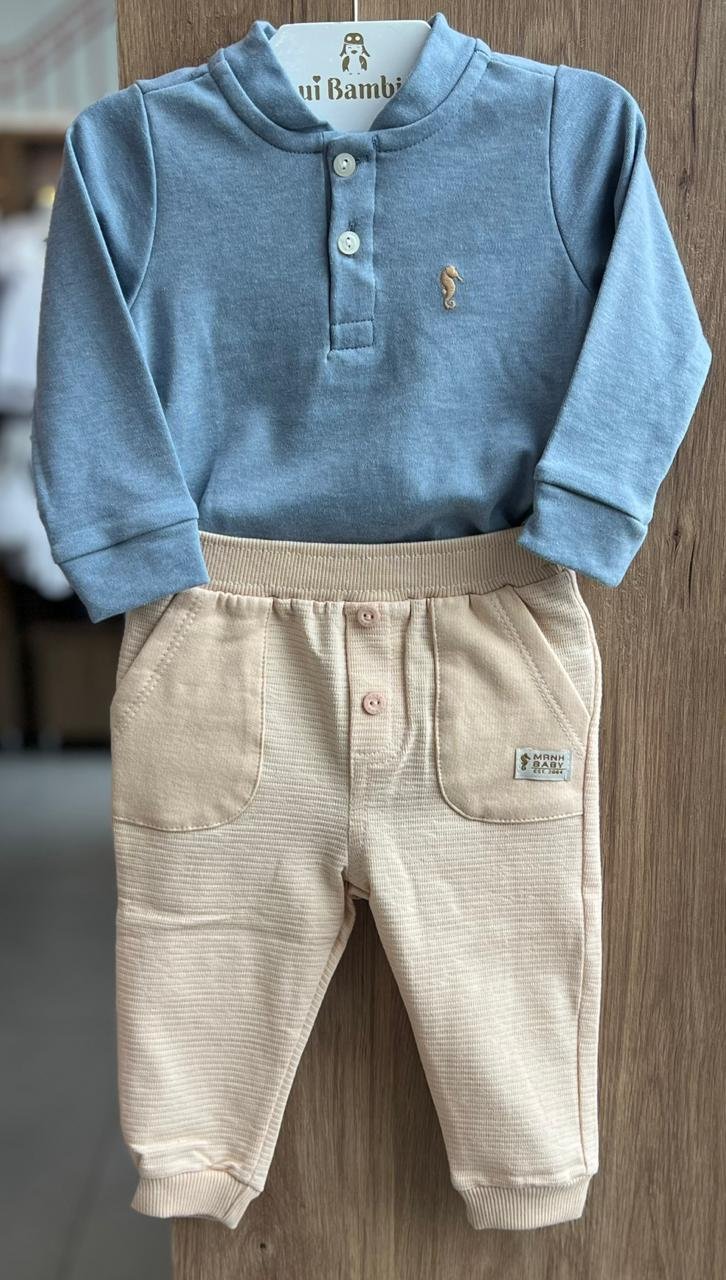 CONJUNTO BODY BATA MANGA LONGA SUEDINE GOLA ALTA GORGURINHO BORDADO MINIMALISTA CAVALO MARINHO E CALÇA MENINO ONDA MARINHA - AZUL