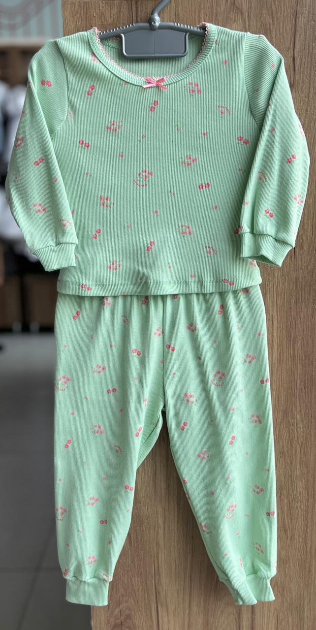 CONJUNTO PIJAMA BLUSA MANGA LONGA RIBANA CANELADO BABADO RENDA FLORES E CALÇA MENINA SOMNII - VERDE CLARO