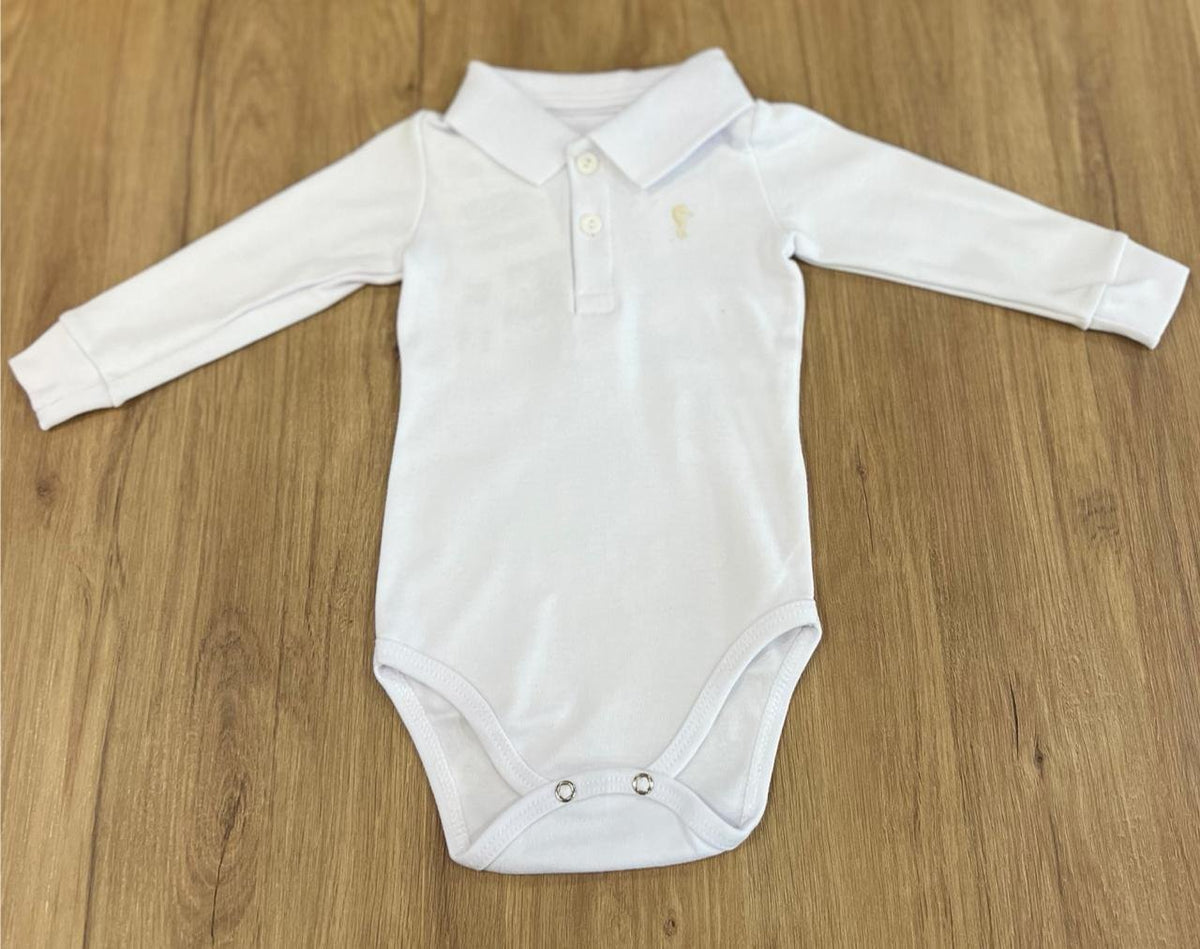 BODY MANGA LONGA GOLA POLO SUEDINE LEVE BORDADO MINIMALISTA CAVALO MARINHO MENINO ONDA MARINHA - BRANCO