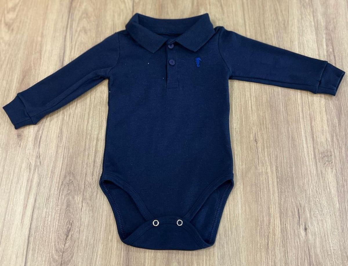 BODY MANGA LONGA GOLA POLO SUEDINE LEVE BORDADO MINIMALISTA CAVALO MARINHO MENINO ONDA MARINHA - MARINHO