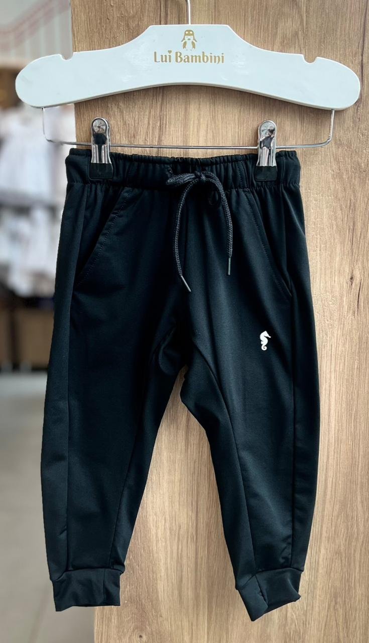CALÇA TERMICA LISA BÁSICA CORDÃO ELÁSTICO CÓS MINIMALISTA CAVALO MARINHO MENINO ONDA MARINHA - PRETO