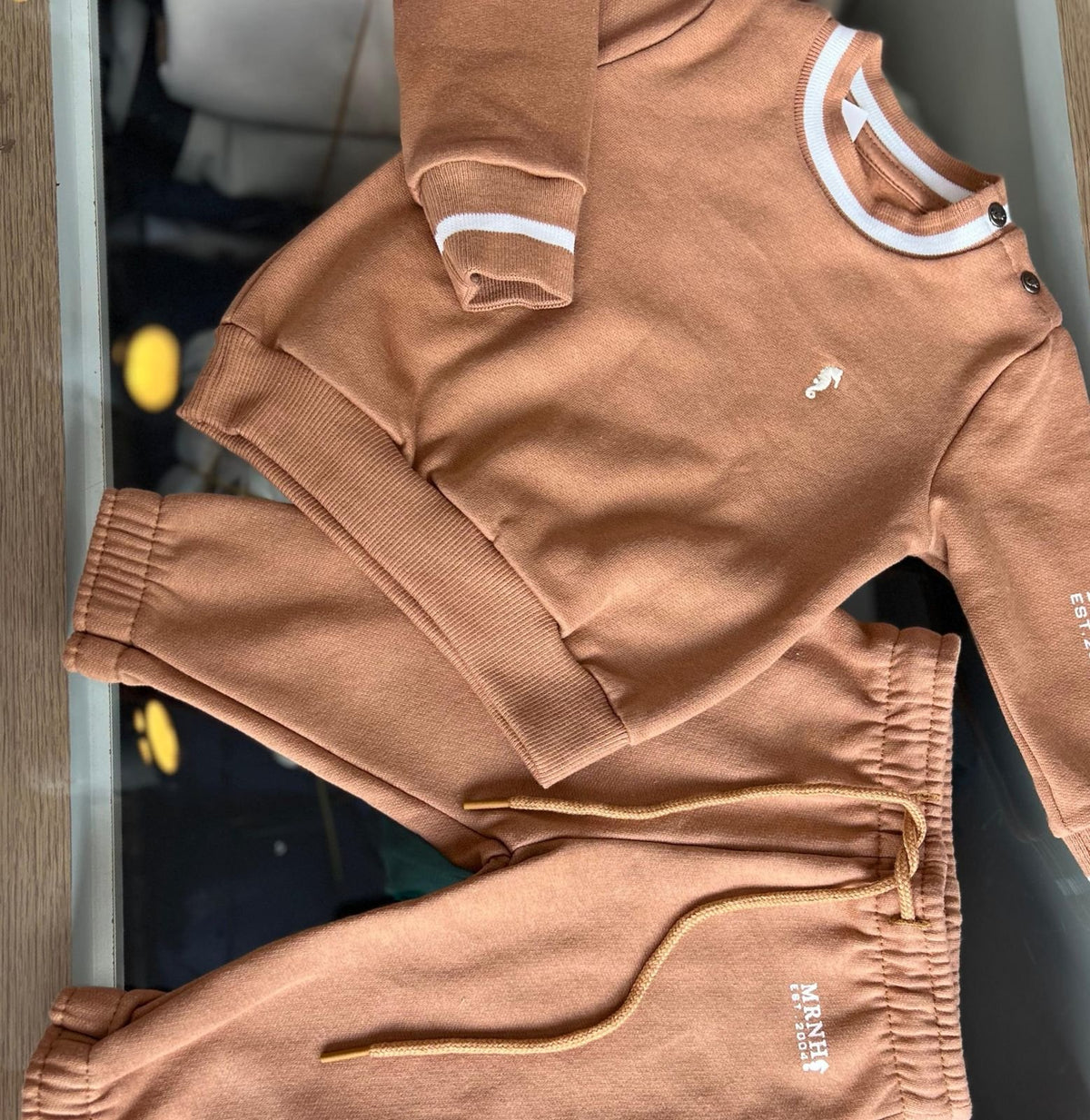 CONJUNTO BLUSÃO MANGA LONGA MOLETOM MINIMALISTA CAVALO MARINHO E CALÇA MENINO ONDA MARINHA - BEGE ESCURO