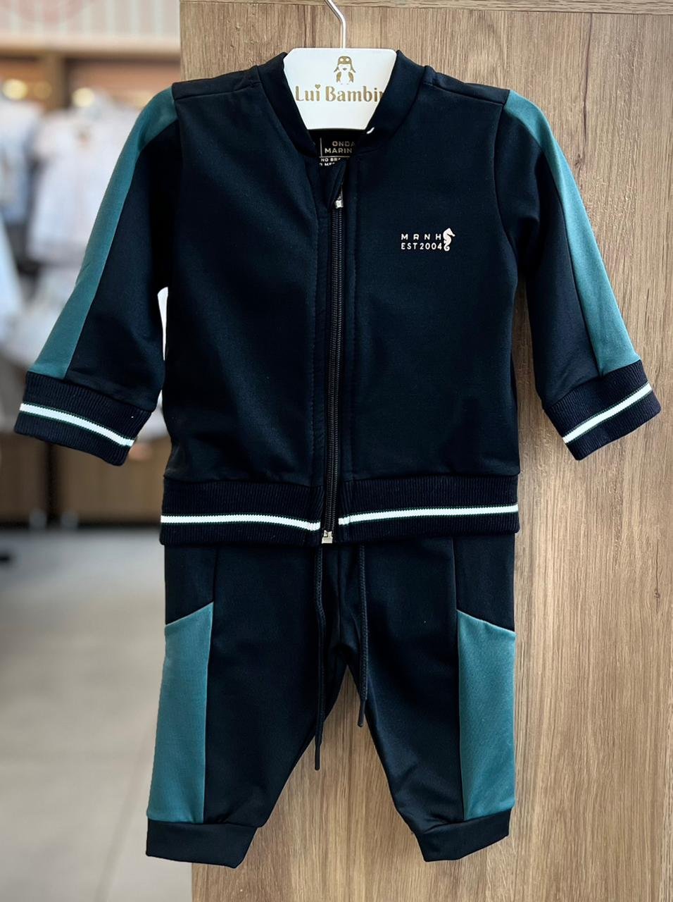 CONJUNTO JAQUETA MANGA LONGA HELANCA ZÍPER MRNH EST E CALÇA MENINO ONDA MARINHA - PRETO