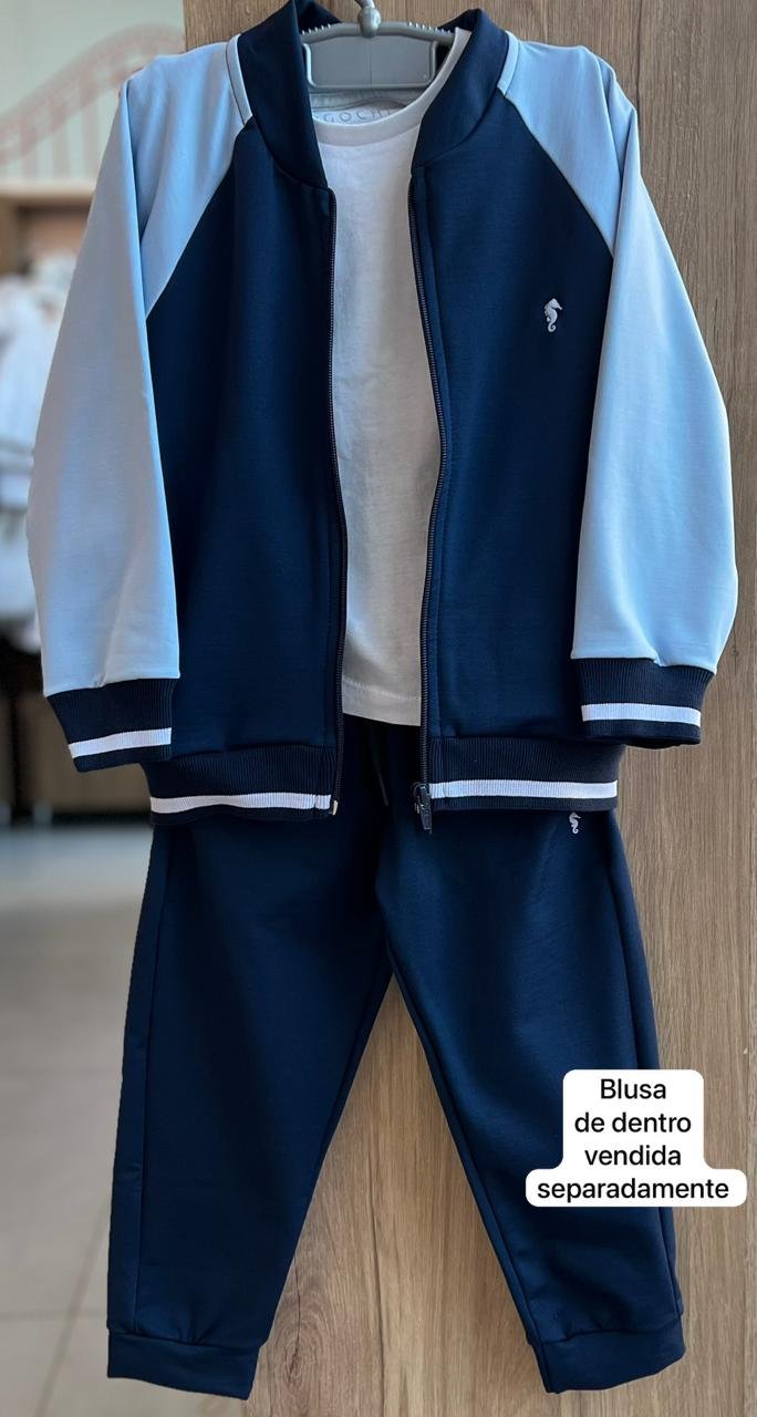 CONJUNTO JAQUETA MANGA LONGA HELANCA BORDADO MINIMALISTA CAVALO MARINHO E CALÇA MENINO ONDA MARINHA - MARINHO