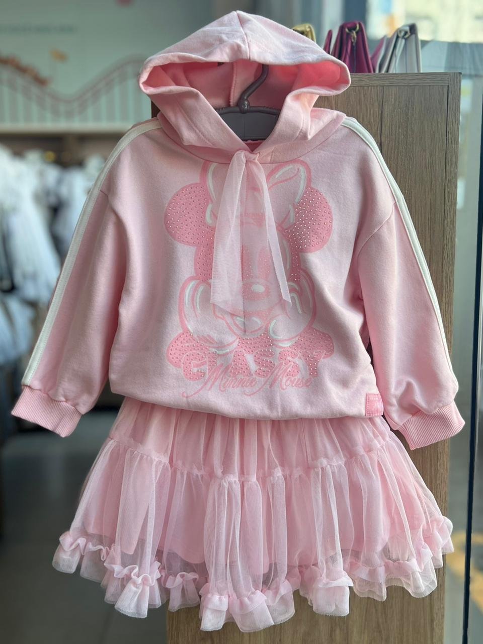 CONJUNTO CASACO MANGA LONGA MINNIE STRASS TULE E SAIA MENINA ANIMÊ - ROSA