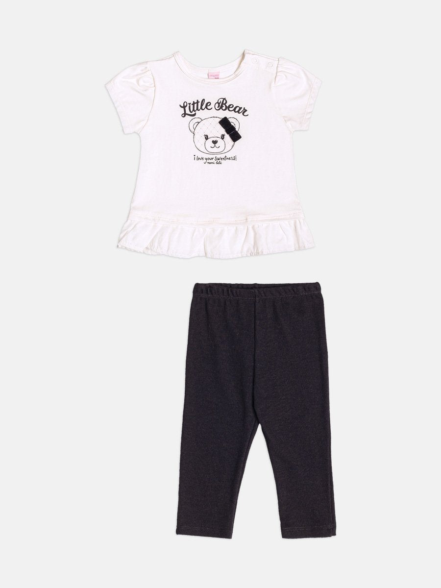 CONJUNTO BLUSA MANGA CURTA URSO LAÇO LITTLE BEAR E CALÇA LEGGING MENINA MOMI - OFF/PRETO