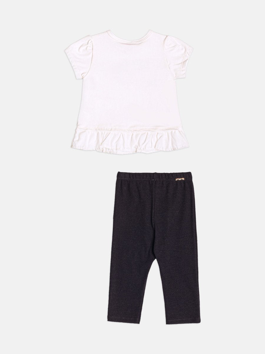 CONJUNTO BLUSA MANGA CURTA URSO LAÇO LITTLE BEAR E CALÇA LEGGING MENINA MOMI - OFF/PRETO