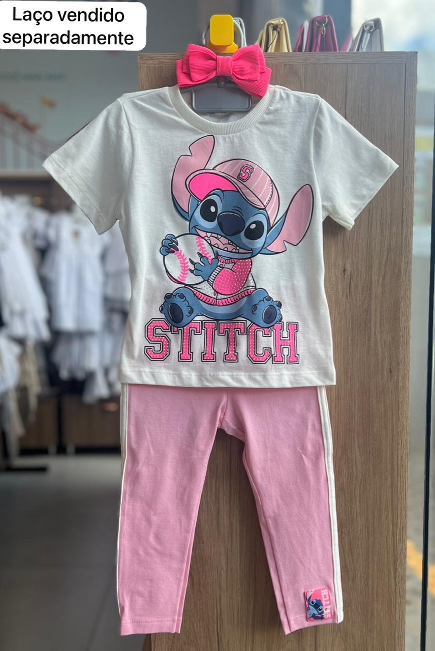 CONJUNTO BLUSA MANGA CURTA STITCH BEISEBOL STRASS E CALÇA LEGGING MENINA MOMI - OFF/ROSA