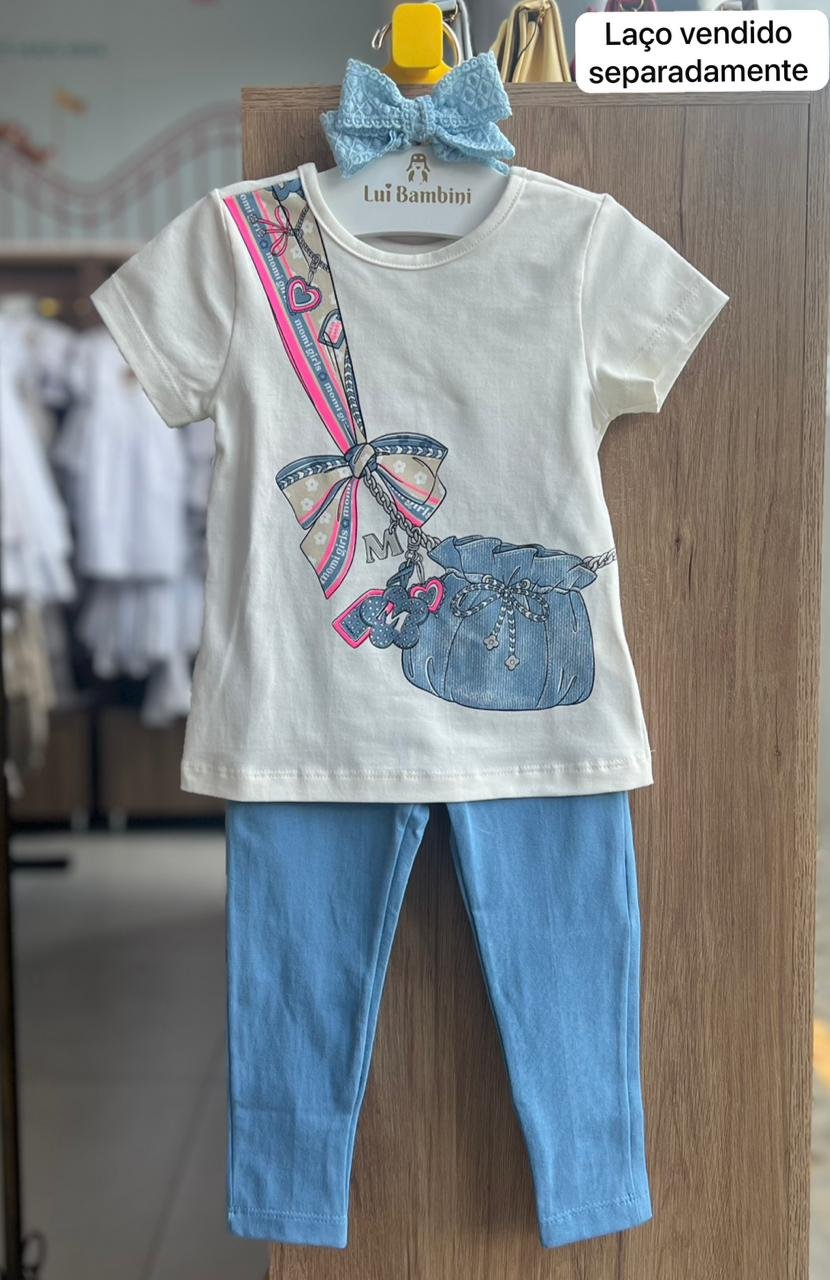 CONJUNTO BLUSA MANGA CURTA LAÇO ESTAMPADO BOLSA FAKE E CALÇA LEGGING MENINA MOMI - OFF/AZUL