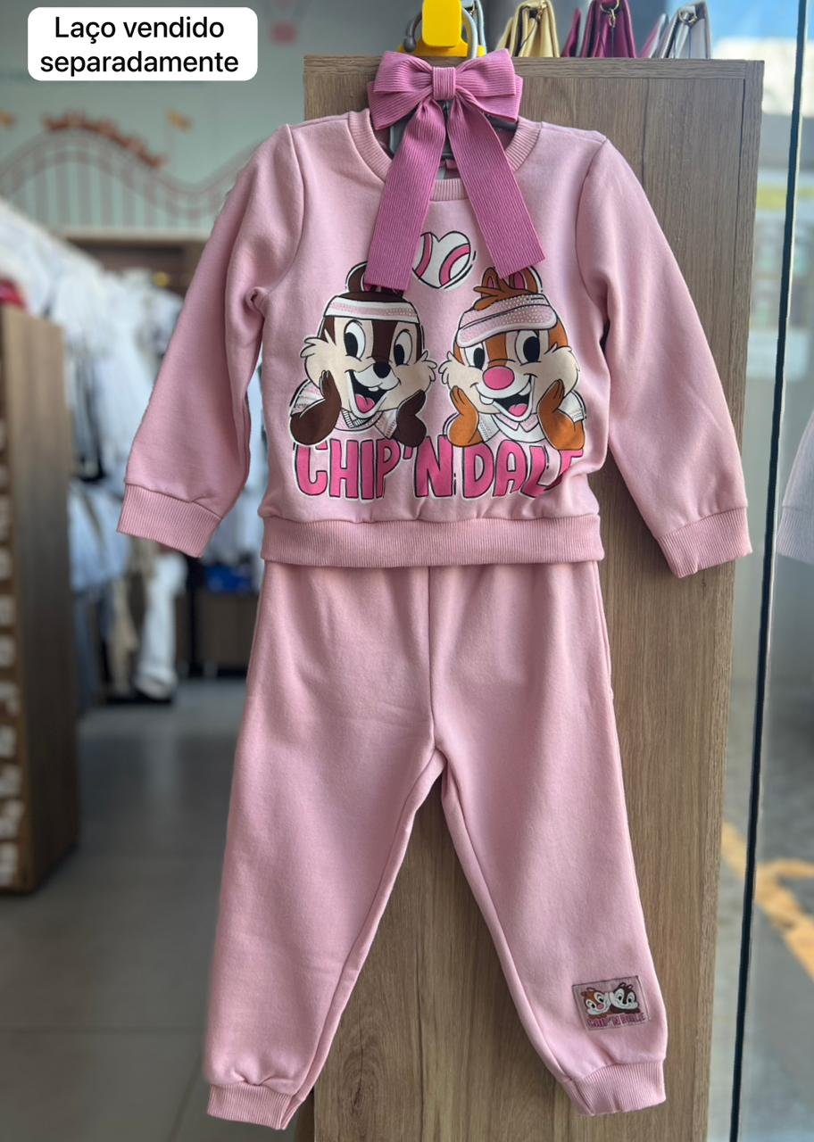 CONJUNTO BLUSÃO MANGA LONGA TICO TECO TENISTA E CALÇA MOLETOM MENINA MOMI - ROSA