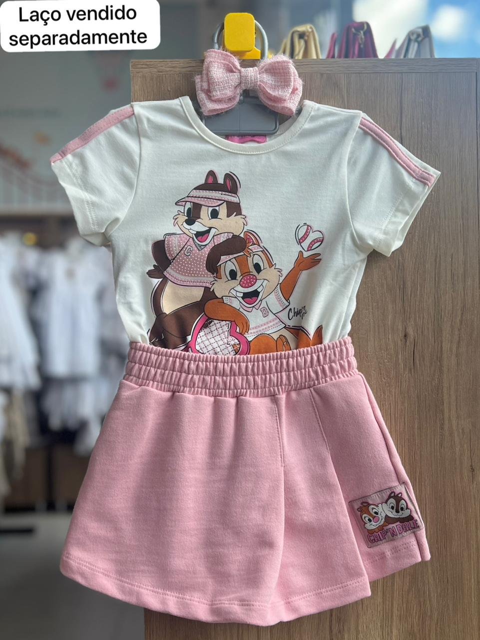 CONJUNTO BLUSA MANGA CURTA TICO TECO TENISTA E SHORT SAIA MENINA MOMI - OFF/ROSA