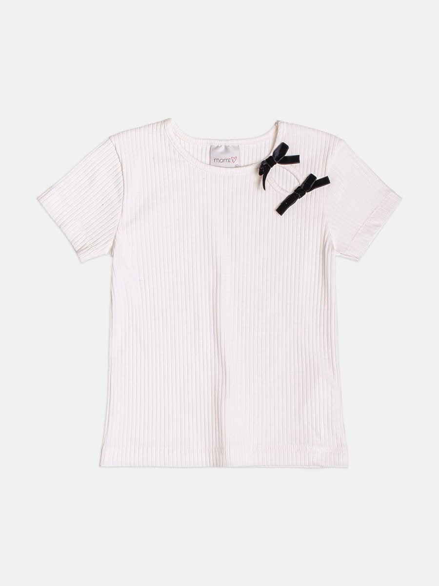 BLUSA MANGA CURTA CANELADO LAÇOS DUPLO VELUDO MENINA MOMI - OFF
