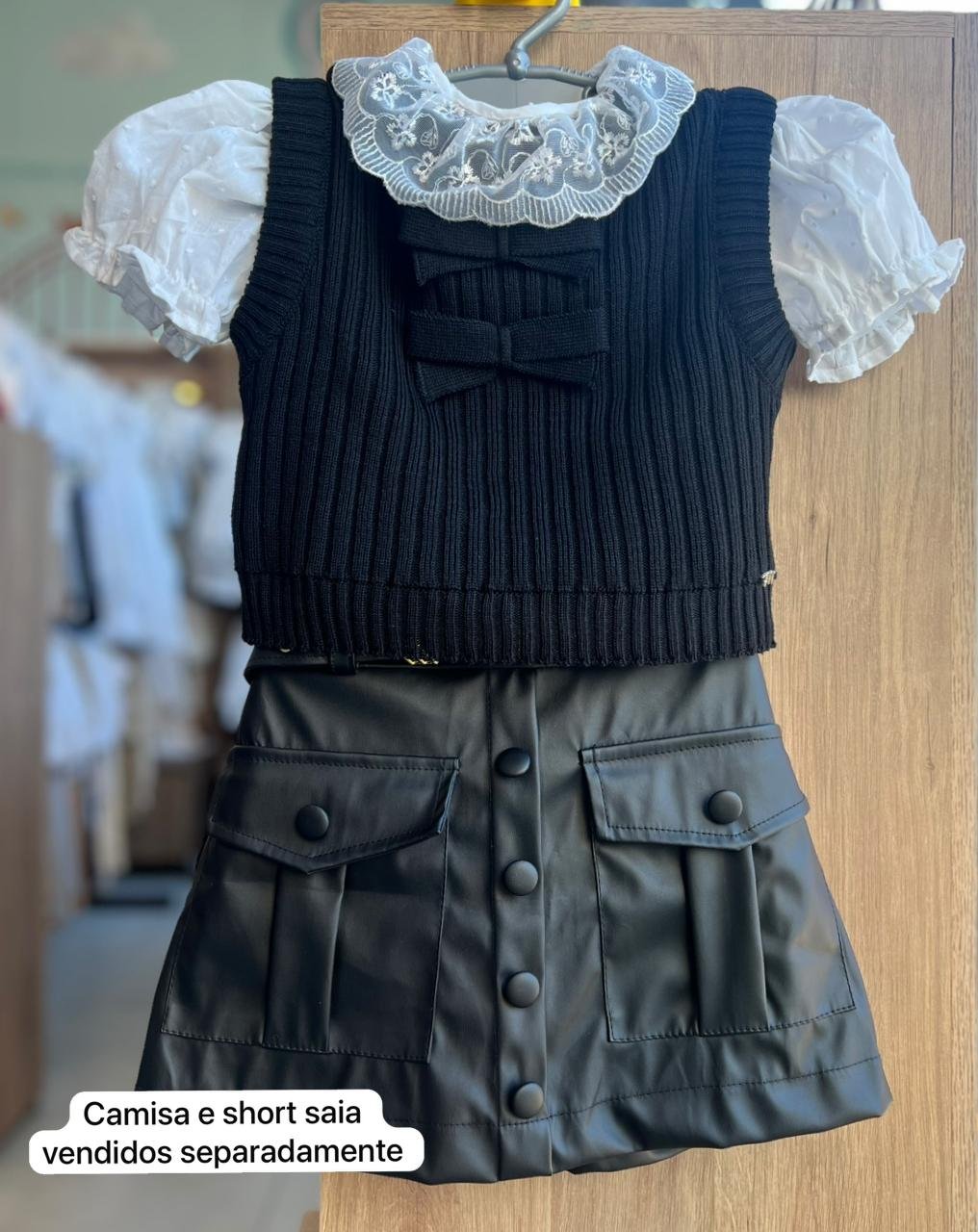 COLETE REGATA TRICOT TRICO LAÇOS TRIPLO MENINA MOMI - PRETO